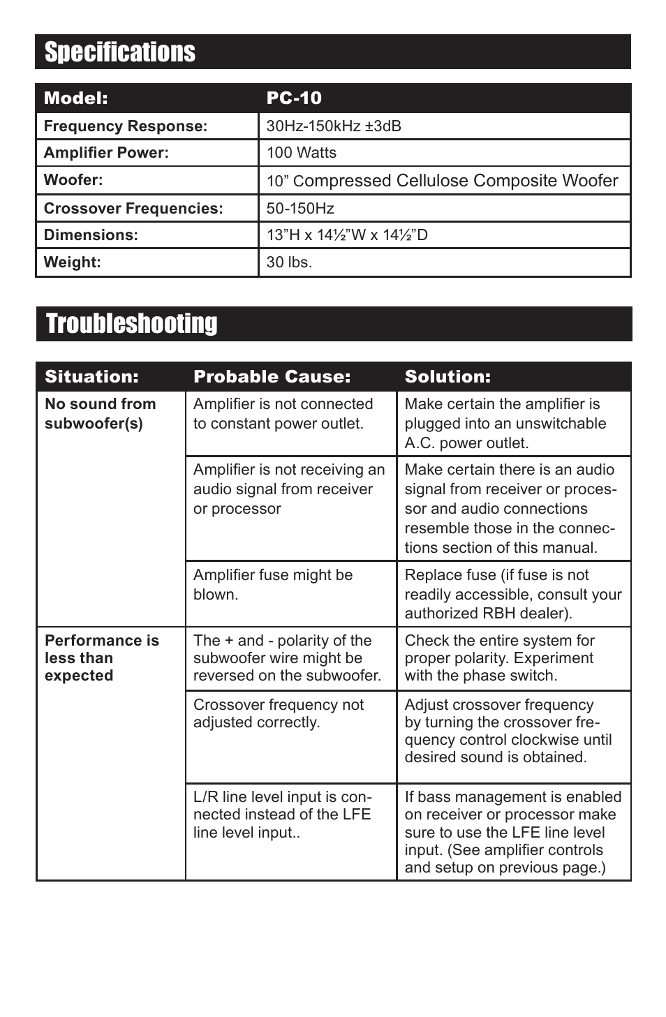 Specifications, Troubleshooting | RBH Sound PC-10 SUBWOOFER User Manual | Page 6 / 8