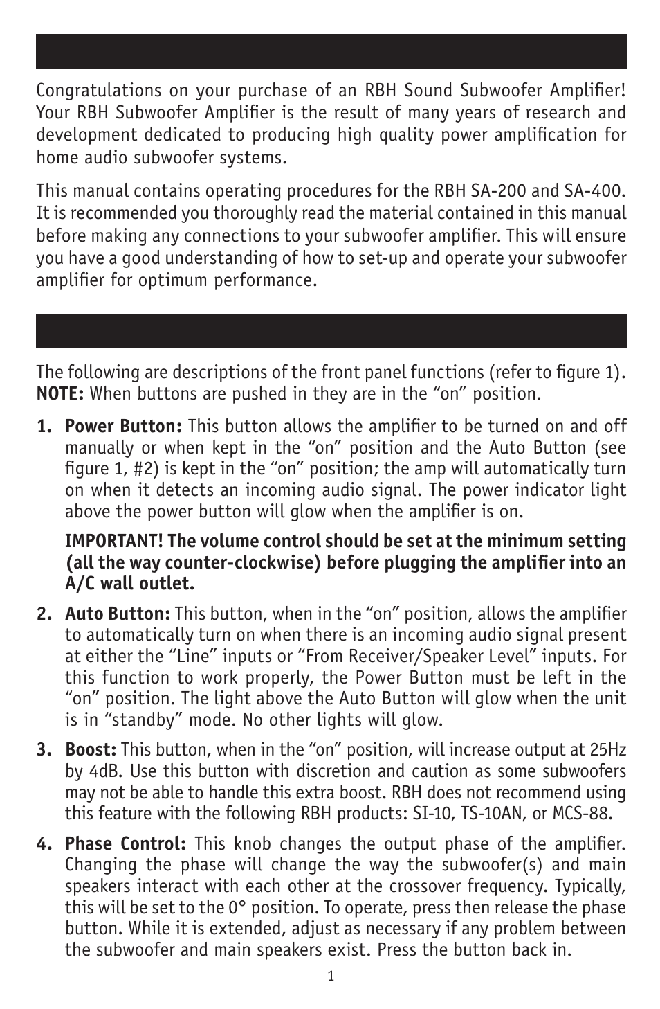 Introduction front panel | RBH Sound SA-200 User Manual | Page 2 / 12