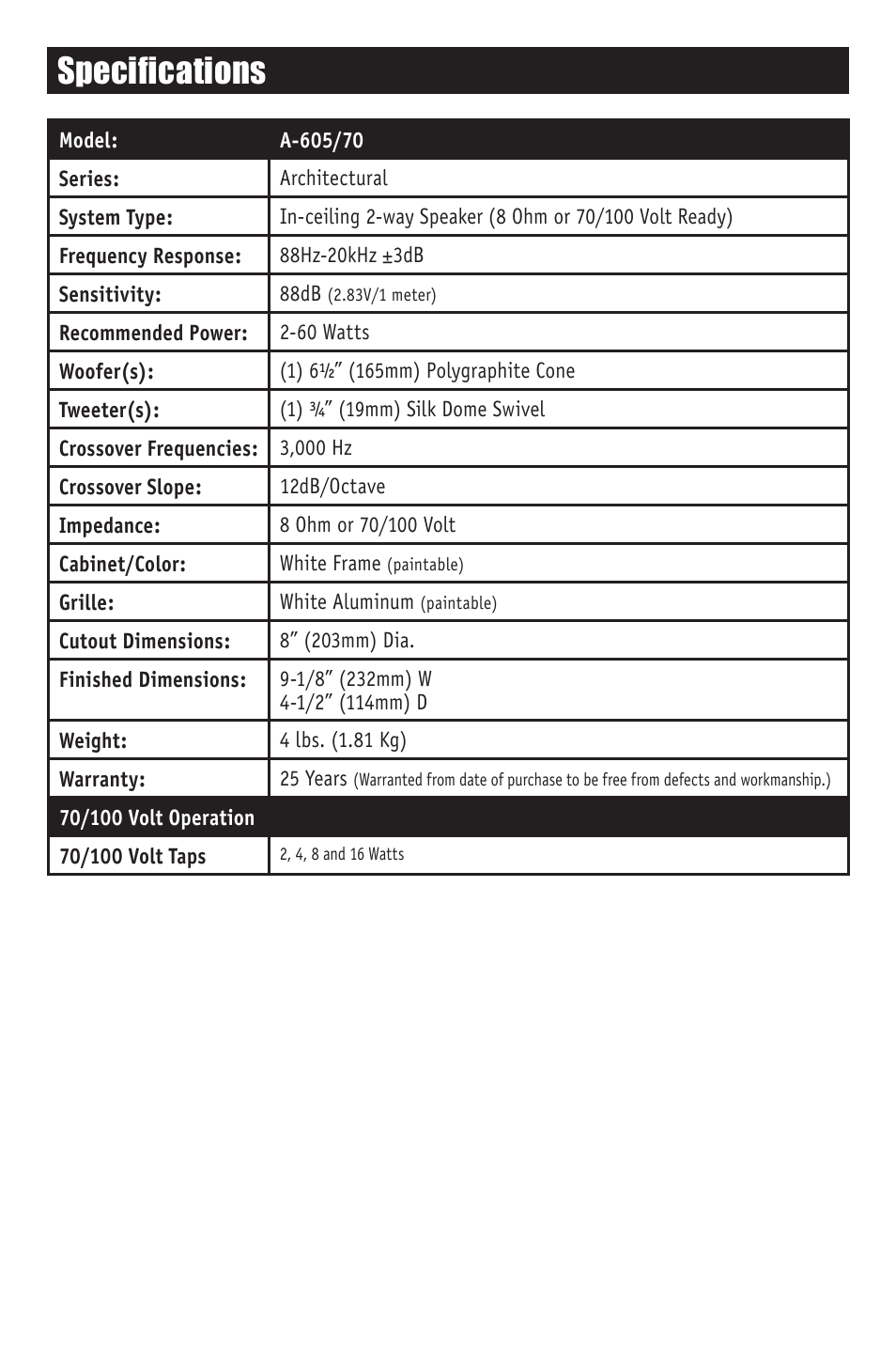 Specifications | RBH Sound A-605/70 User Manual | Page 6 / 8