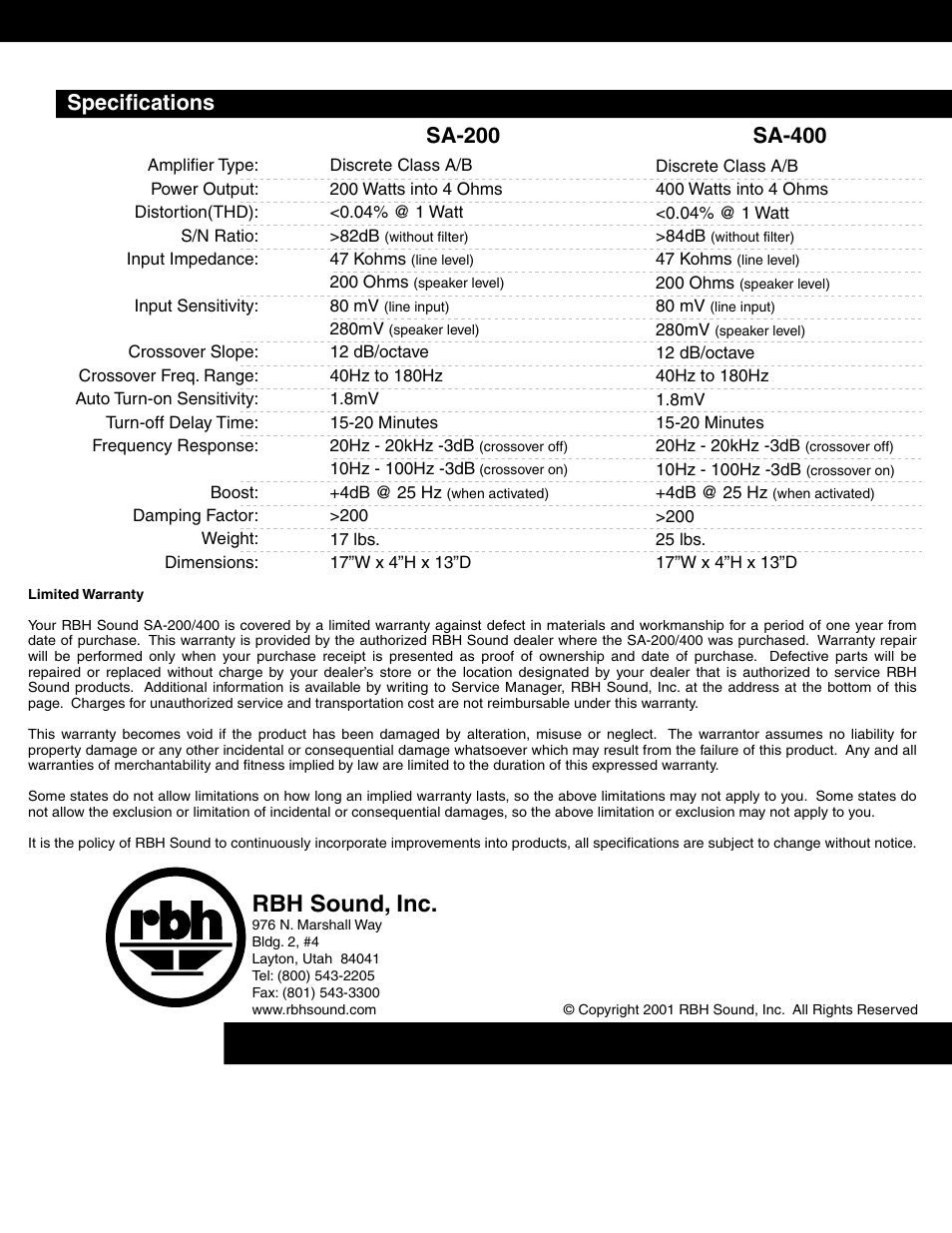 RBH Sound SA-400 User Manual | Page 8 / 8