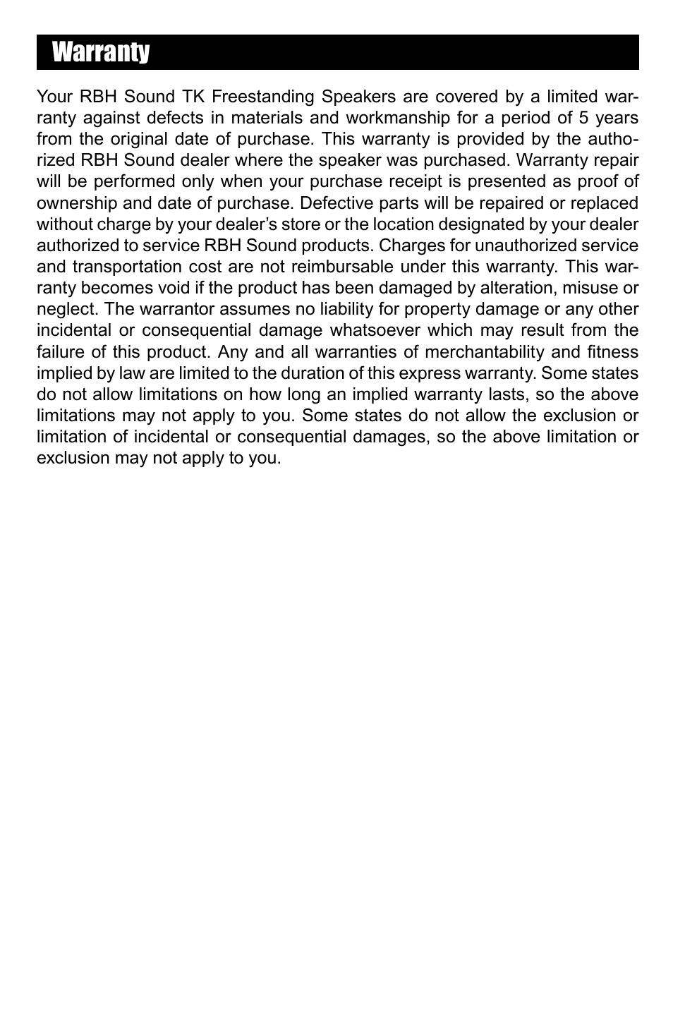 Warranty | RBH Sound TK User Manual | Page 7 / 8