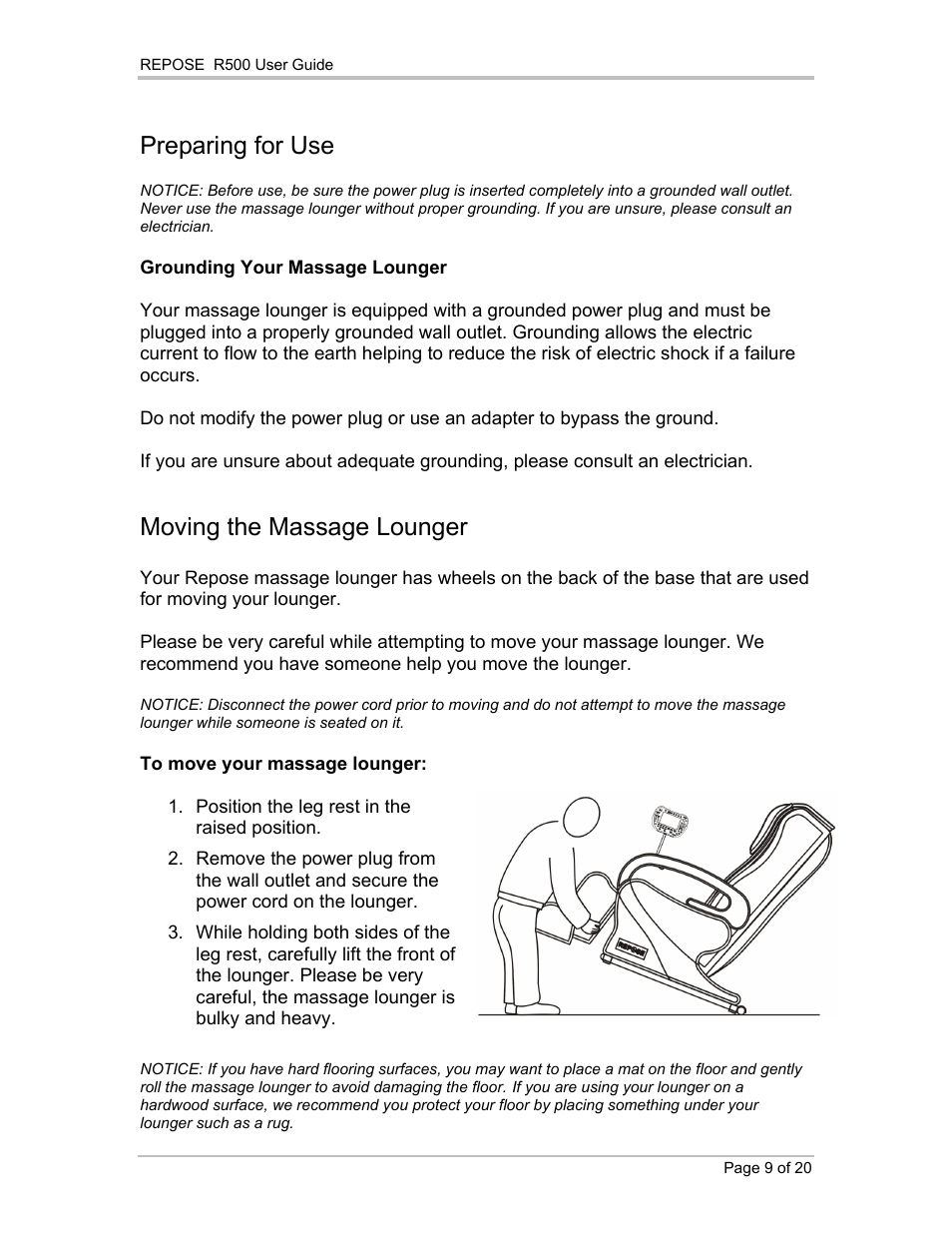 Preparing for use, Moving the massage lounger | Repose R500 User Manual | Page 10 / 20