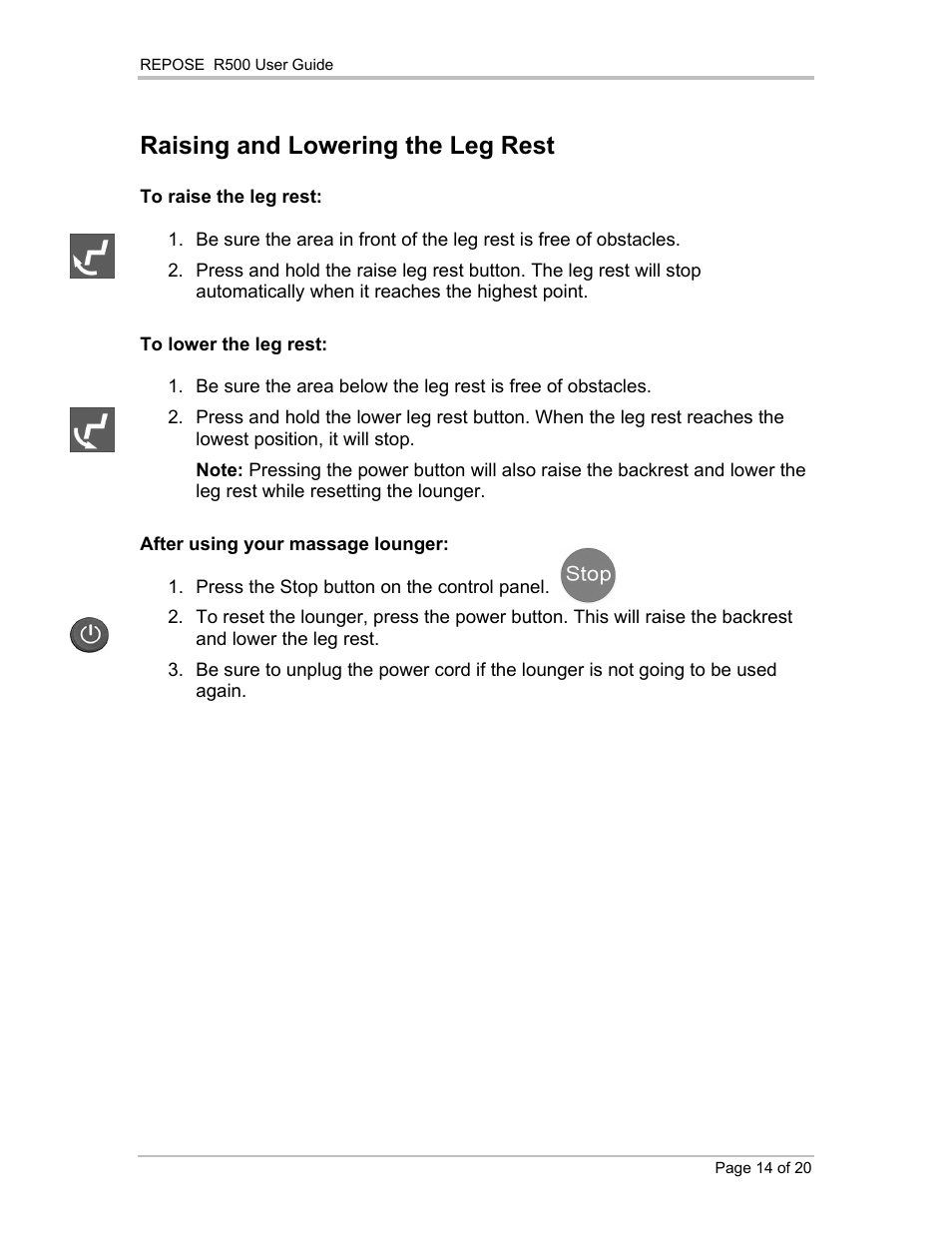 Raising and lowering the leg rest | Repose R500 User Manual | Page 15 / 20