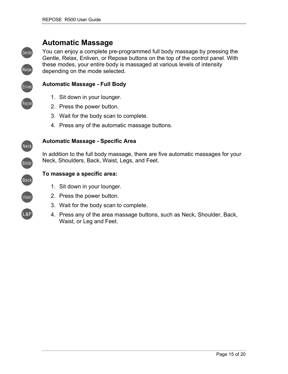 Automatic massage | Repose R500 User Manual | Page 16 / 20