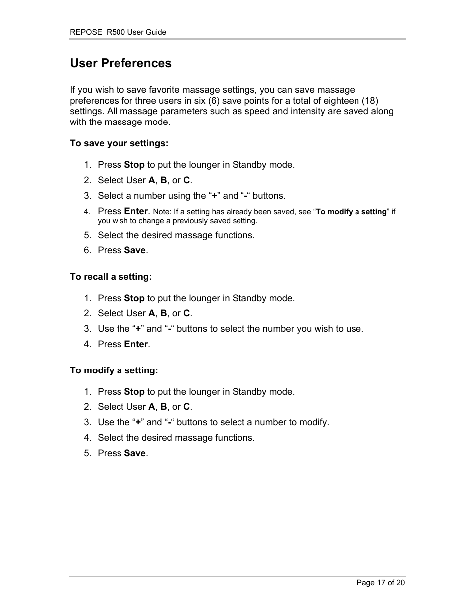 User preferences | Repose R500 User Manual | Page 18 / 20