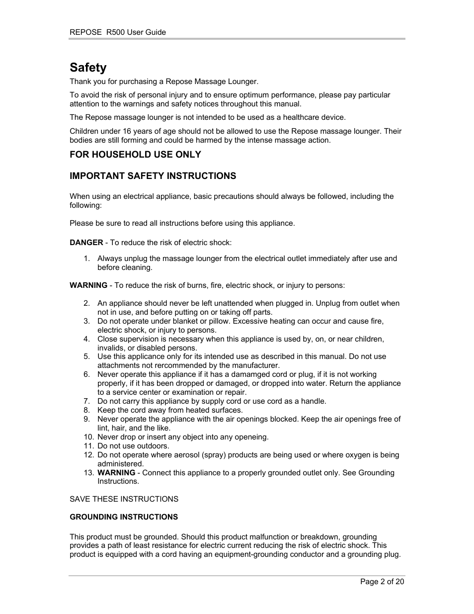 Safety | Repose R500 User Manual | Page 3 / 20
