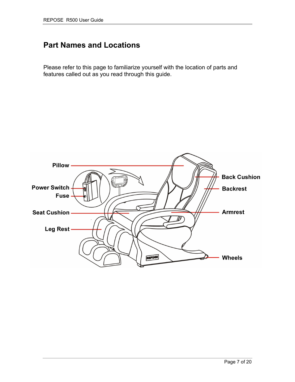 Part names and locations | Repose R500 User Manual | Page 8 / 20