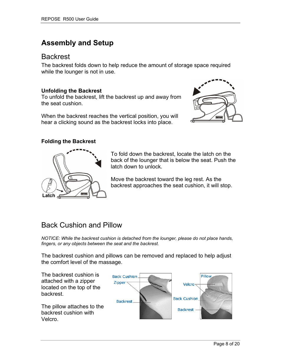 Assembly and setup, Backrest, Back cushion and pillow | Assembly and setup backrest | Repose R500 User Manual | Page 9 / 20