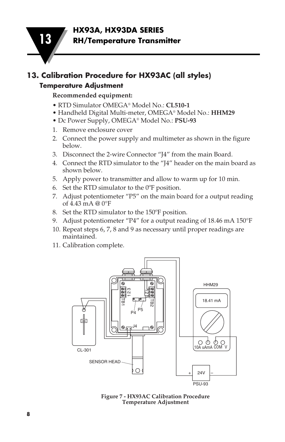 Calibration procedure for hx93ac (all styles), Hx93a, hx93da series rh/temperature transmitter, Model no.: hhm29 • dc power supply, omega | Omega Speaker Systems RH/Temperature Transmitter HX93A User Manual | Page 12 / 20