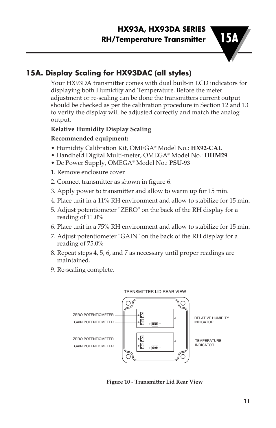 15a. display scaling for hx93dac (all styles), Hx93a, hx93da series rh/temperature transmitter, Model no.: hhm29 • dc power supply, omega | Omega Speaker Systems RH/Temperature Transmitter HX93A User Manual | Page 15 / 20