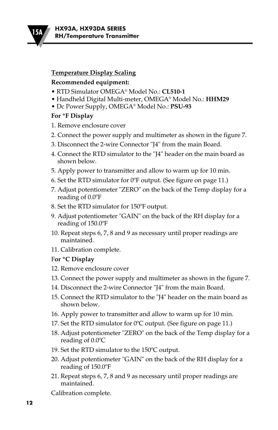 Omega Speaker Systems RH/Temperature Transmitter HX93A User Manual | Page 16 / 20