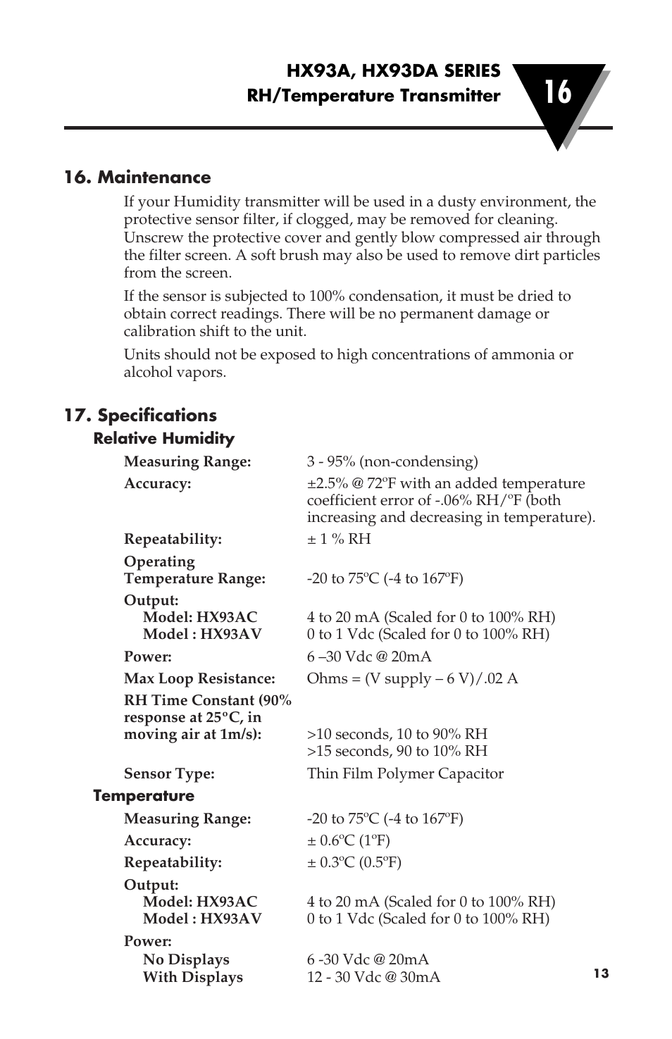 Omega Speaker Systems RH/Temperature Transmitter HX93A User Manual | Page 17 / 20