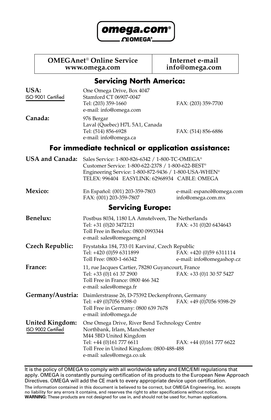 Servicing north america, For immediate technical or application assistance, Servicing europe | Omeganet | Omega Speaker Systems RH/Temperature Transmitter HX93A User Manual | Page 2 / 20