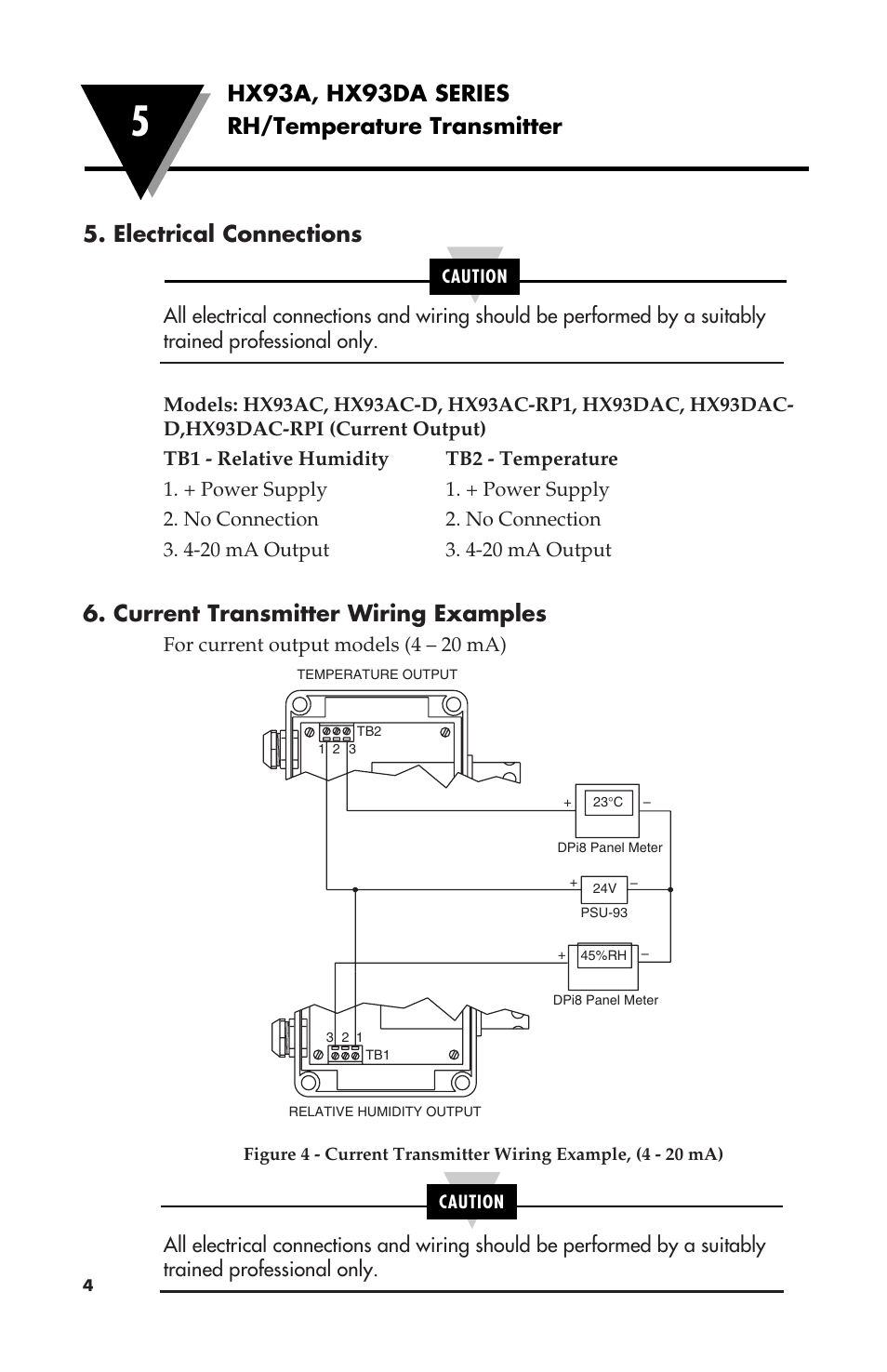 Electrical connections, Current transmitter wiring examples, Hx93a, hx93da series rh/temperature transmitter | Omega Speaker Systems RH/Temperature Transmitter HX93A User Manual | Page 8 / 20