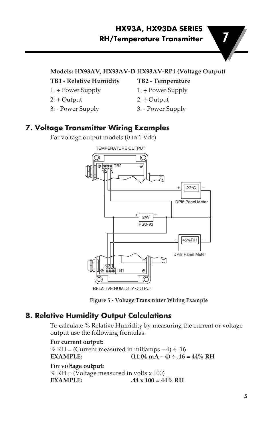 Voltage transmitter wiring examples, Relative humidity output calculations, Hx93a, hx93da series rh/temperature transmitter | Omega Speaker Systems RH/Temperature Transmitter HX93A User Manual | Page 9 / 20