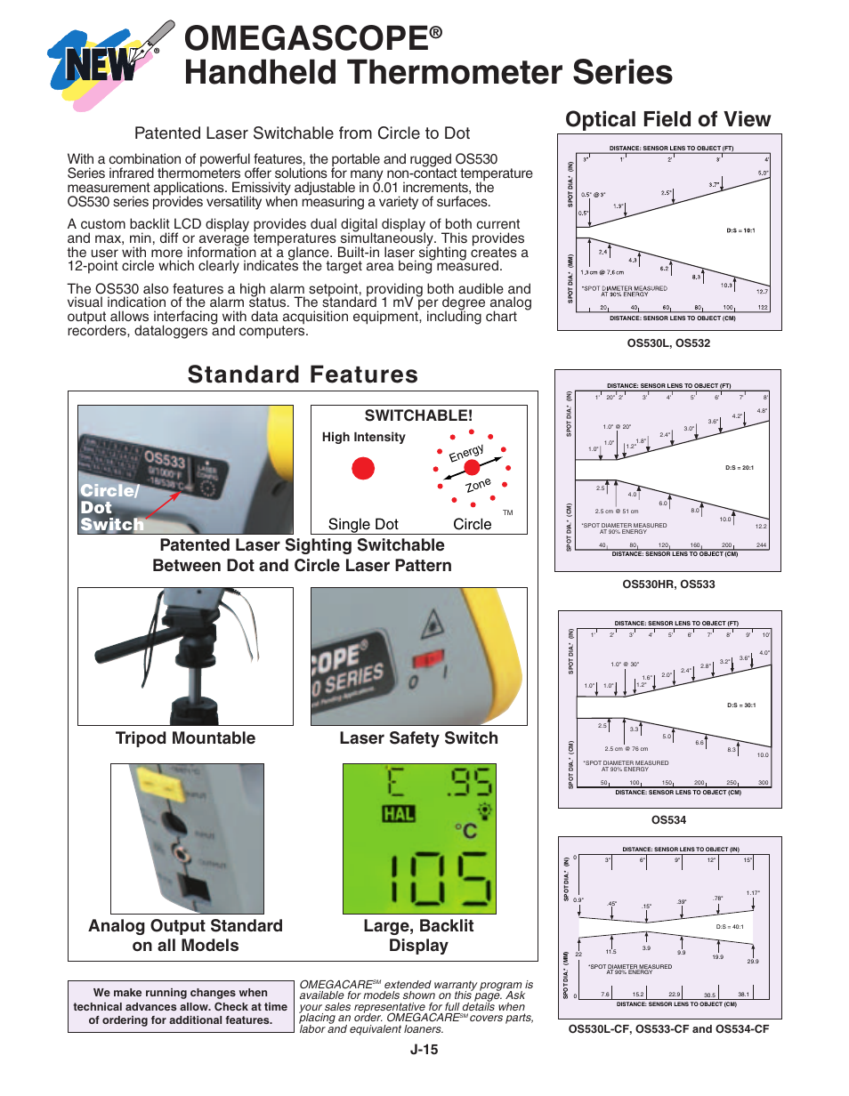 Omegascope, Handheld thermometer series, Standard features | Optical field of view, Circle/ dot switch, Patented laser switchable from circle to dot, Switchable, High intensity | Omega Speaker Systems OS532 User Manual | Page 3 / 5
