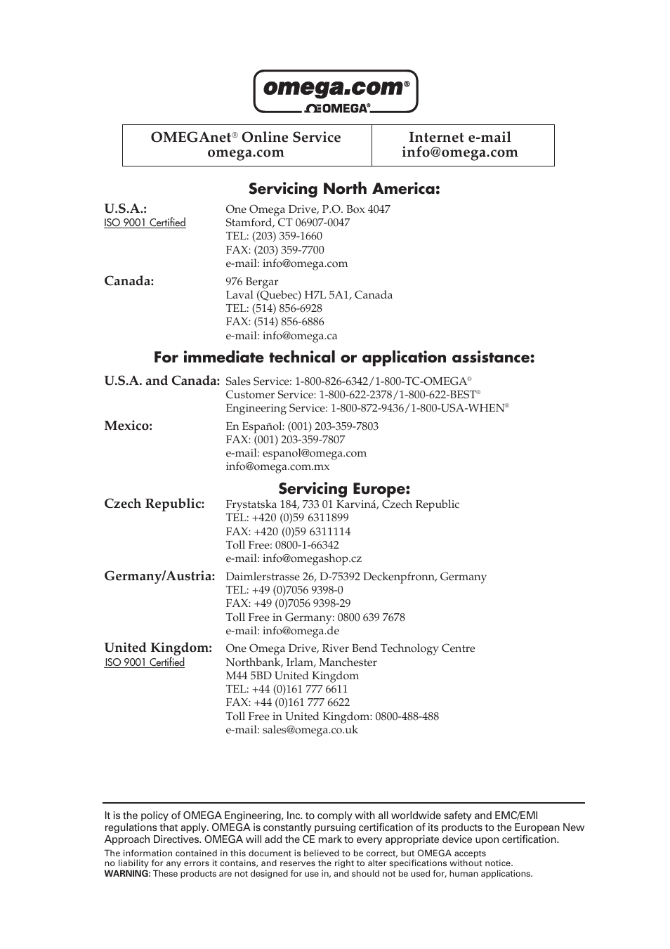 Servicing north america, For immediate technical or application assistance, Servicing europe | Omeganet | Omega Speaker Systems High Speed Load Cell Interface Card LCIC-WIM-BEN User Manual | Page 2 / 86