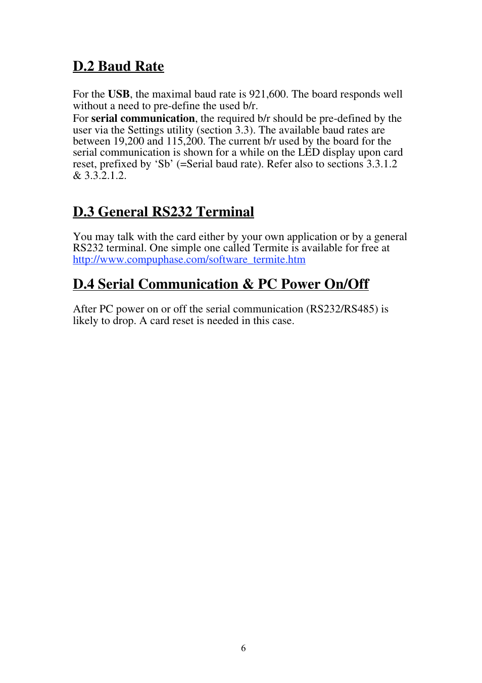 D.2 baud rate, D.3 general rs232 terminal, D.4 serial communication & pc power on/off | Omega Speaker Systems High Speed Load Cell Interface Card LCIC-WIM-BEN User Manual | Page 57 / 86