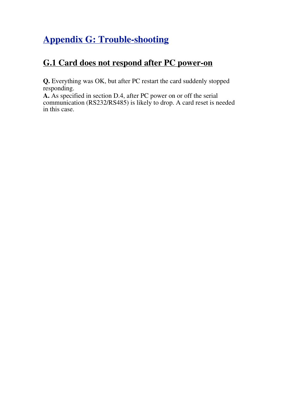 Appendix g: trouble-shooting, G.1 card does not respond after pc power-on | Omega Speaker Systems High Speed Load Cell Interface Card LCIC-WIM-BEN User Manual | Page 82 / 86