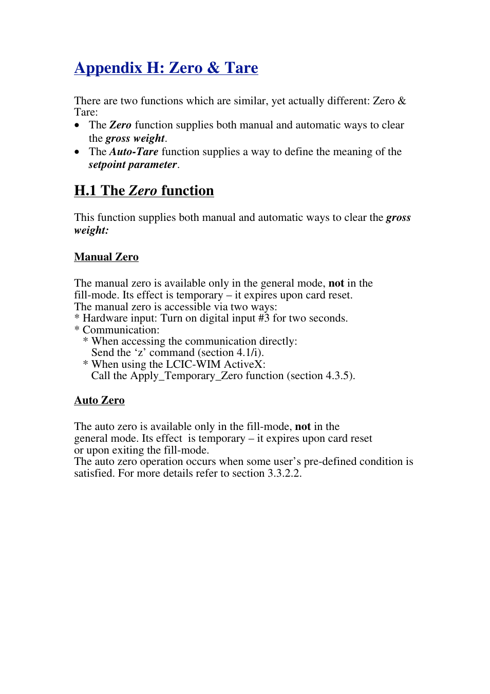 Appendix h: zero & tare, H.1 the zero function | Omega Speaker Systems High Speed Load Cell Interface Card LCIC-WIM-BEN User Manual | Page 83 / 86