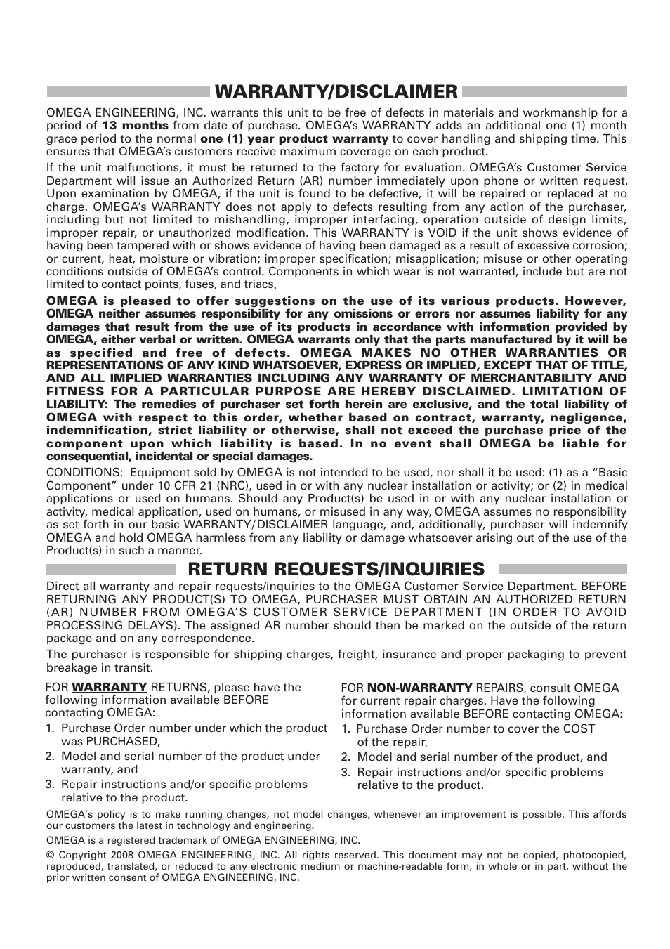 Warranty/disclaimer, Return requests/inquiries | Omega Speaker Systems High Speed Load Cell Interface Card LCIC-WIM-BEN User Manual | Page 85 / 86