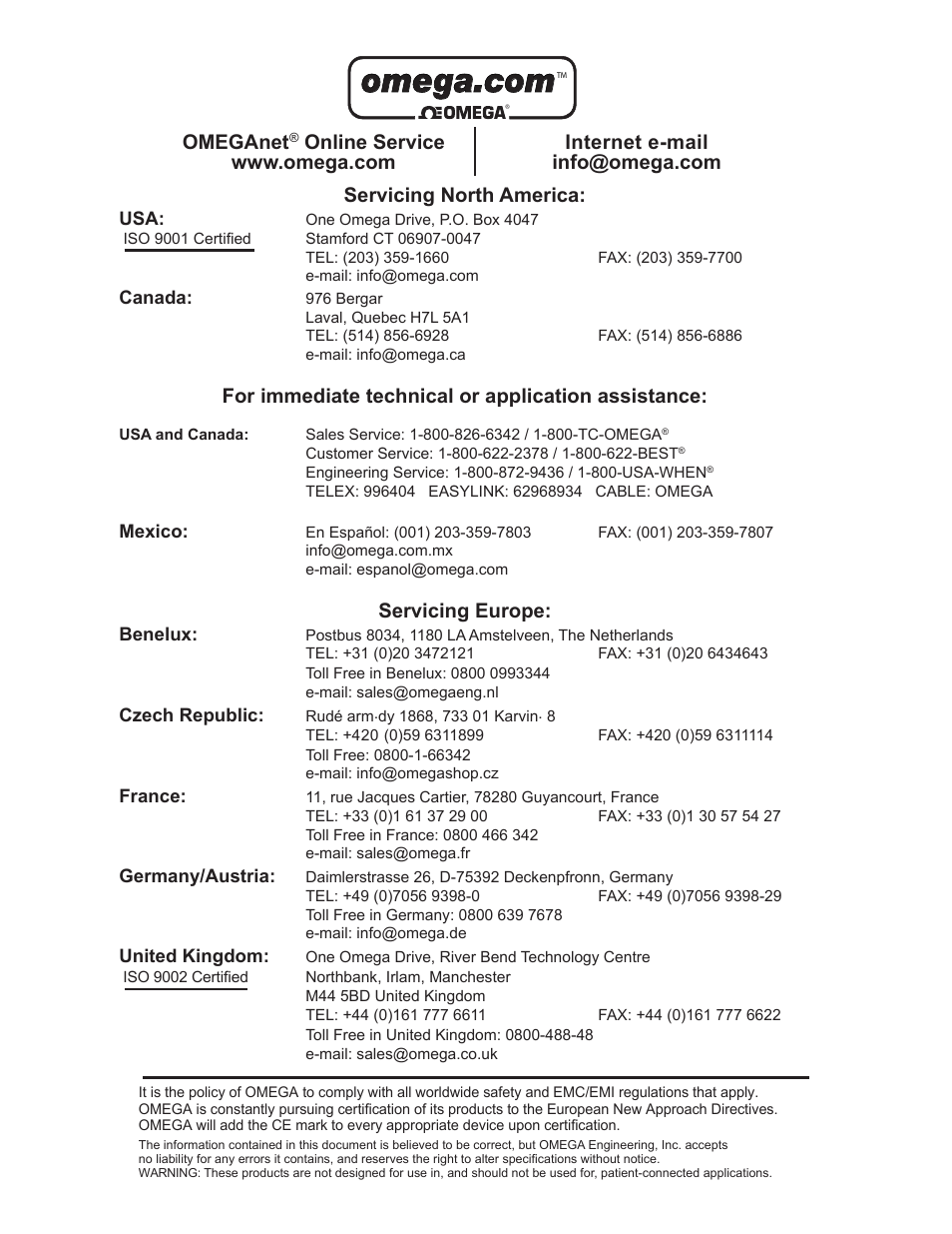 Servicing north america, For immediate technical or application assistance, Servicing europe | Omeganet | Omega Speaker Systems FMG3000 User Manual | Page 2 / 16