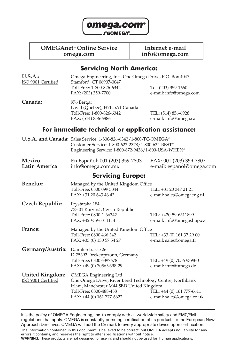 Servicing north america, For immediate technical or application assistance, Servicing europe | Omeganet | Omega Speaker Systems OS530LE User Manual | Page 2 / 82