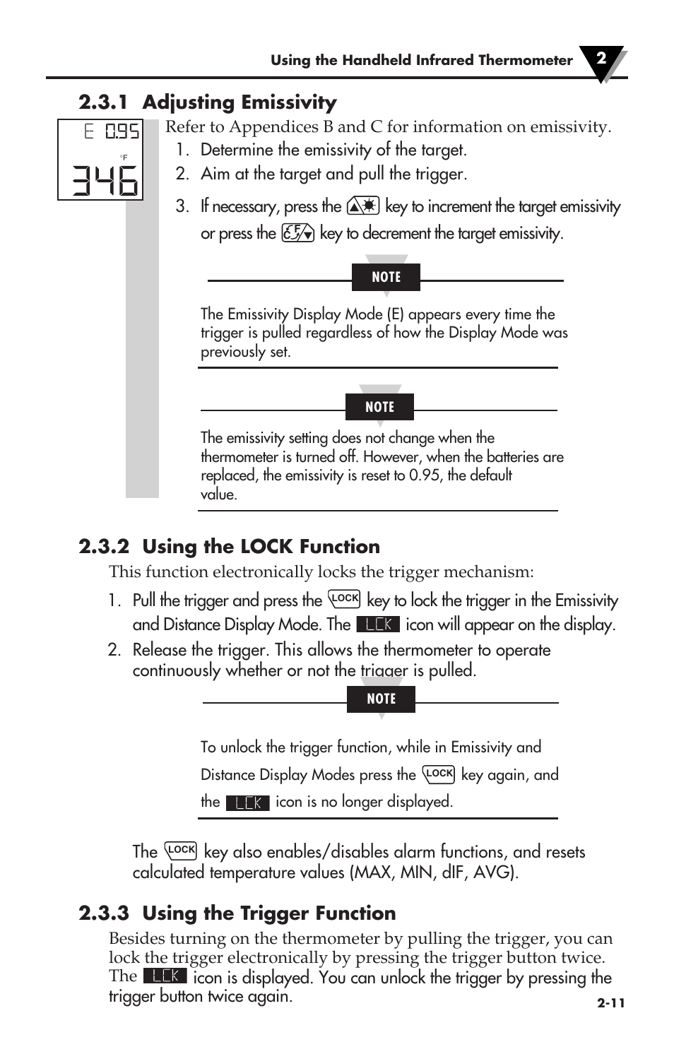 1 adjusting emissivity, 2 using the lock function, 3 using the trigger function | Omega Speaker Systems OS530LE User Manual | Page 26 / 82