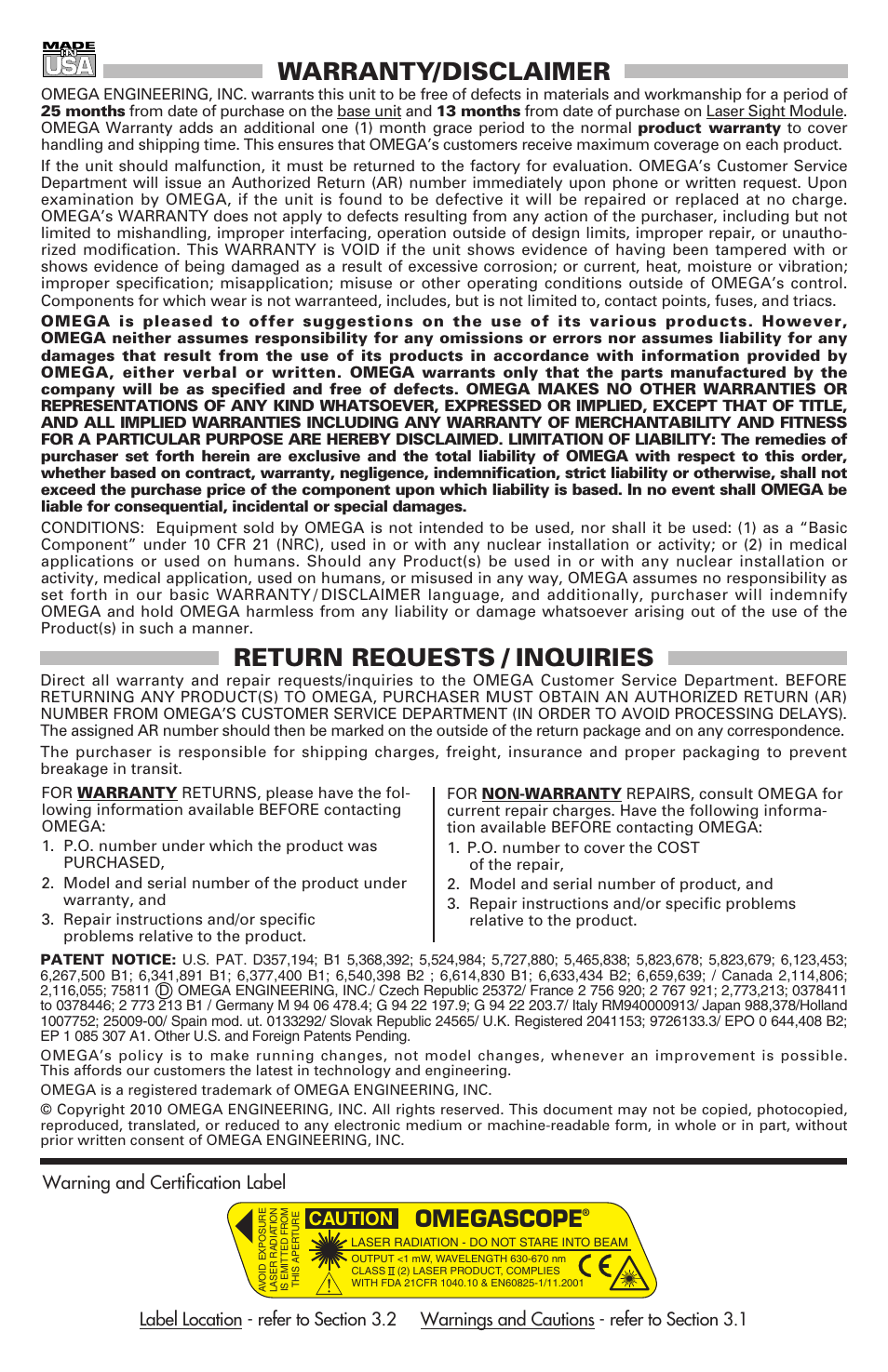 Warranty/disclaimer, Return requests / inquiries, Omegascope | Caution | Omega Speaker Systems OS530LE User Manual | Page 81 / 82