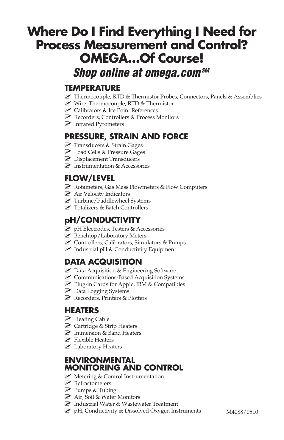 Temperature, Pressure, strain and force, Flow/level | Ph/conductivity, Data acquisition, Heaters, Environmental monitoring and control | Omega Speaker Systems OS530LE User Manual | Page 82 / 82