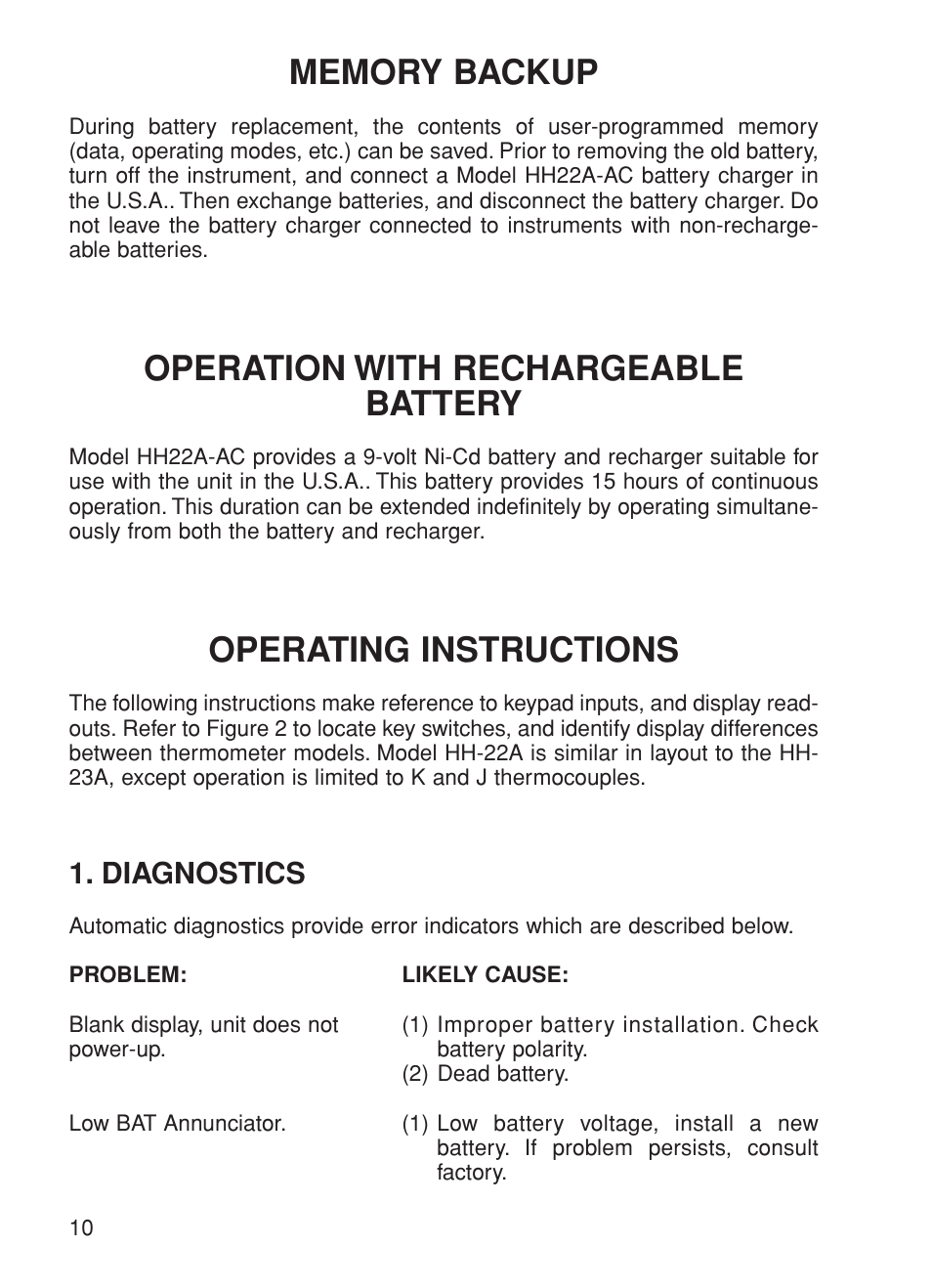 Operation with rechargeable battery, Operating instructions, Diagnostics | Omega Speaker Systems HH-23A User Manual | Page 12 / 28