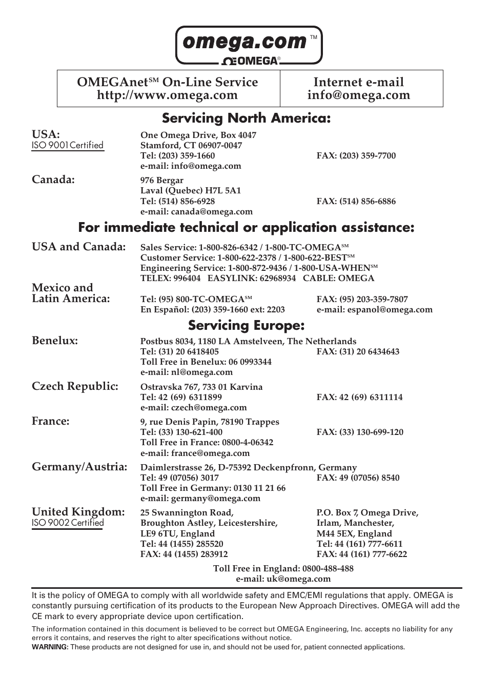 Servicing north america, For immediate technical or application assistance, Servicing europe | Omeganet, Canada, Usa and canada, Mexico and latin america, Benelux, Czech republic, France | Omega Speaker Systems HH-23A User Manual | Page 2 / 28