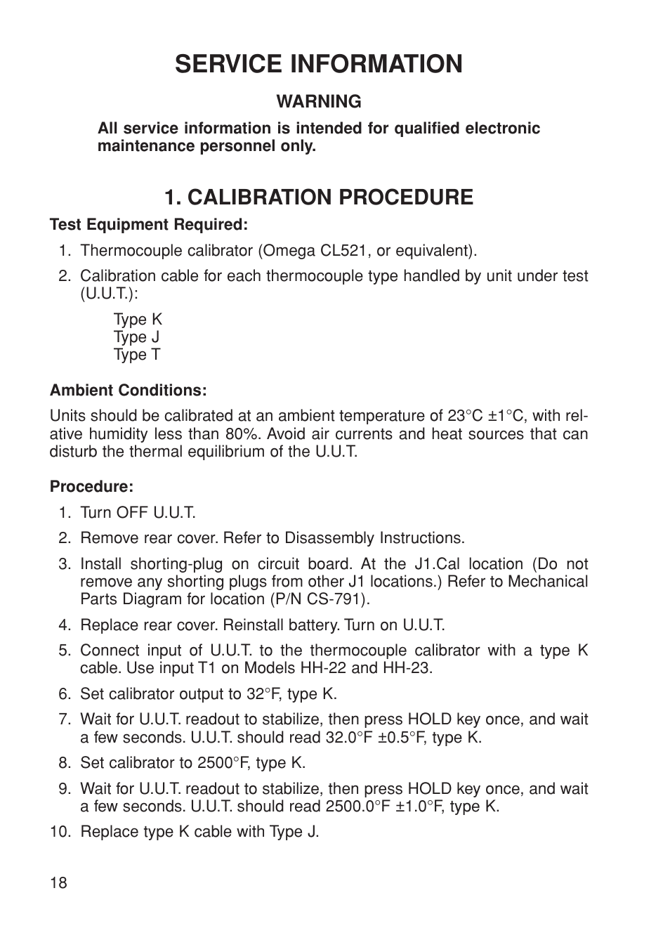 Service information, Calibration procedure | Omega Speaker Systems HH-23A User Manual | Page 20 / 28