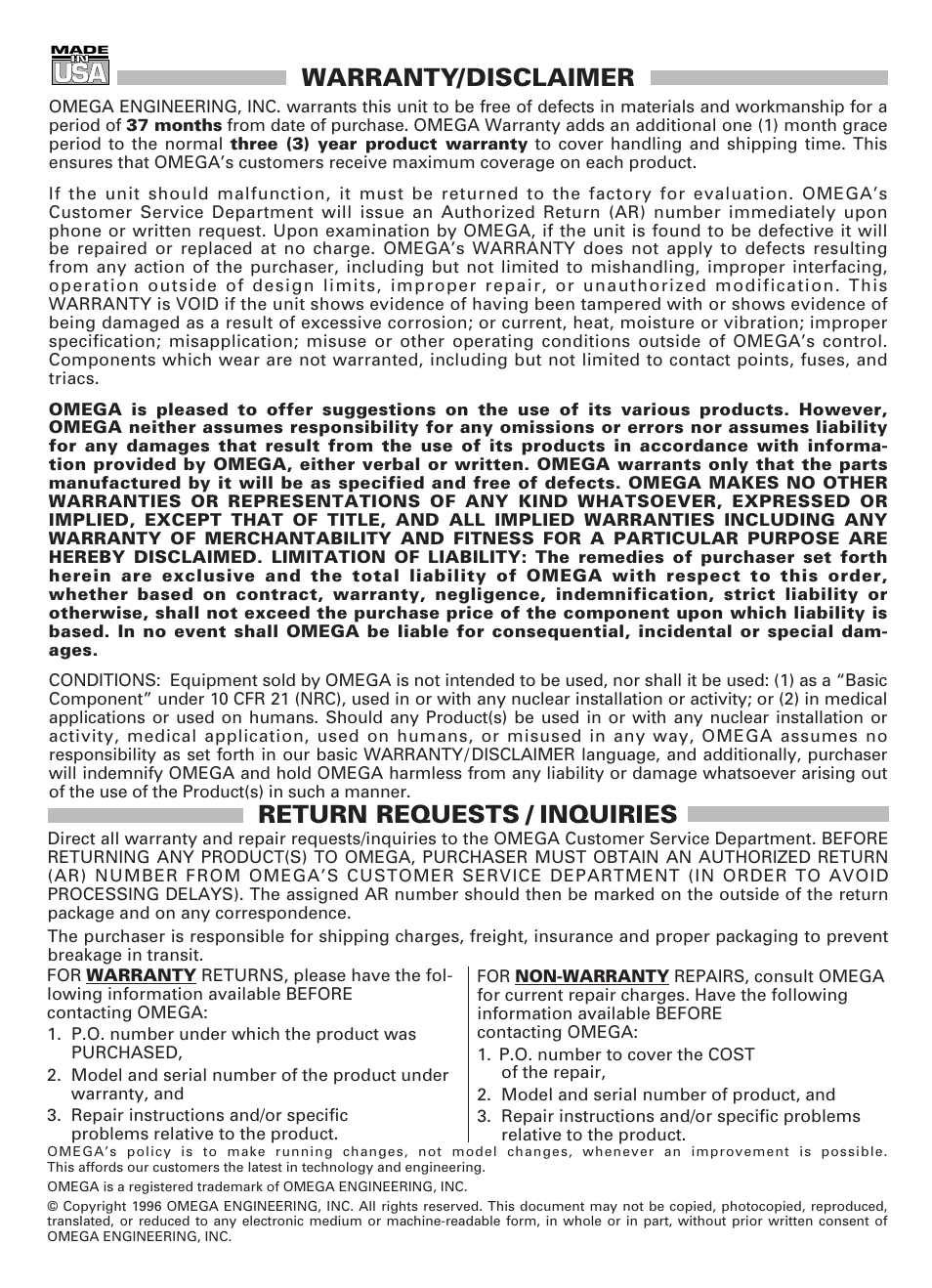 Uusa sa, Warranty/disclaimer, Return requests / inquiries | Omega Speaker Systems HH-23A User Manual | Page 27 / 28