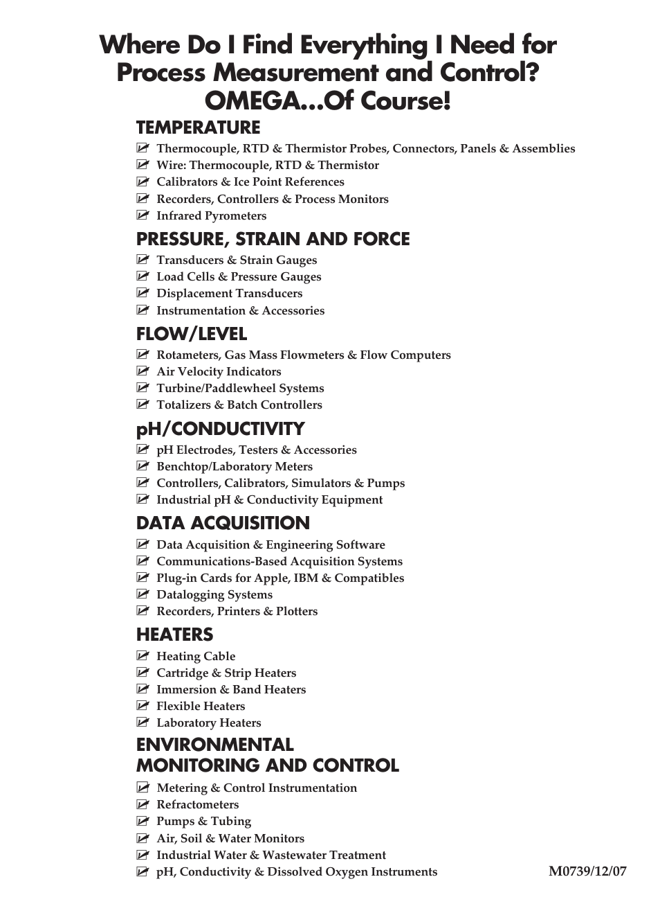 Temperature, Pressure, strain and force, Flow/level | Ph/conductivity, Data acquisition, Heaters, Environmental monitoring and control | Omega Speaker Systems HH-23A User Manual | Page 28 / 28