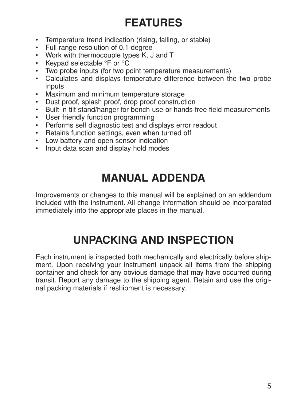 Features, Manual addenda, Unpacking and inspection | Omega Speaker Systems HH-23A User Manual | Page 7 / 28