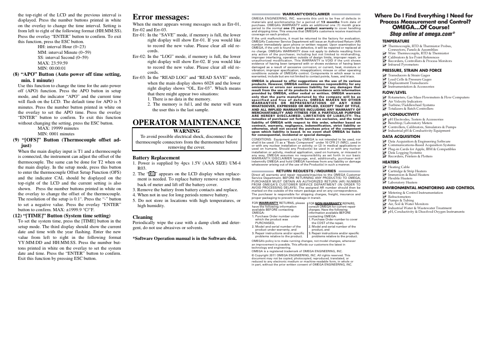 Error messages, Operator maintenance | Omega Speaker Systems HH806U User Manual | Page 3 / 3