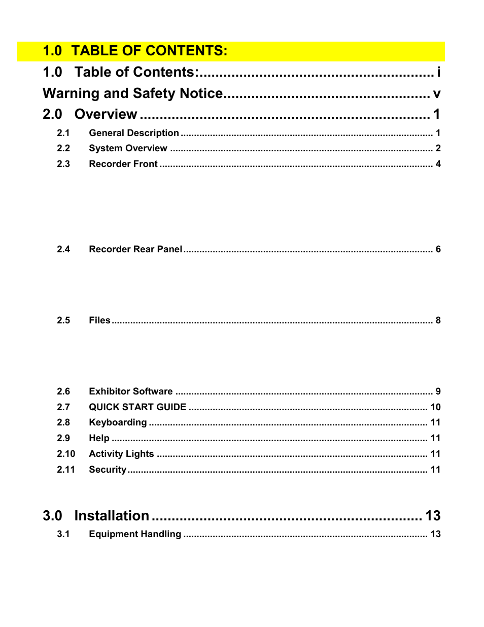 0 table of contents: 1.0, Overview, Installation | Omega Speaker Systems Rercorder RD8300 User Manual | Page 3 / 114