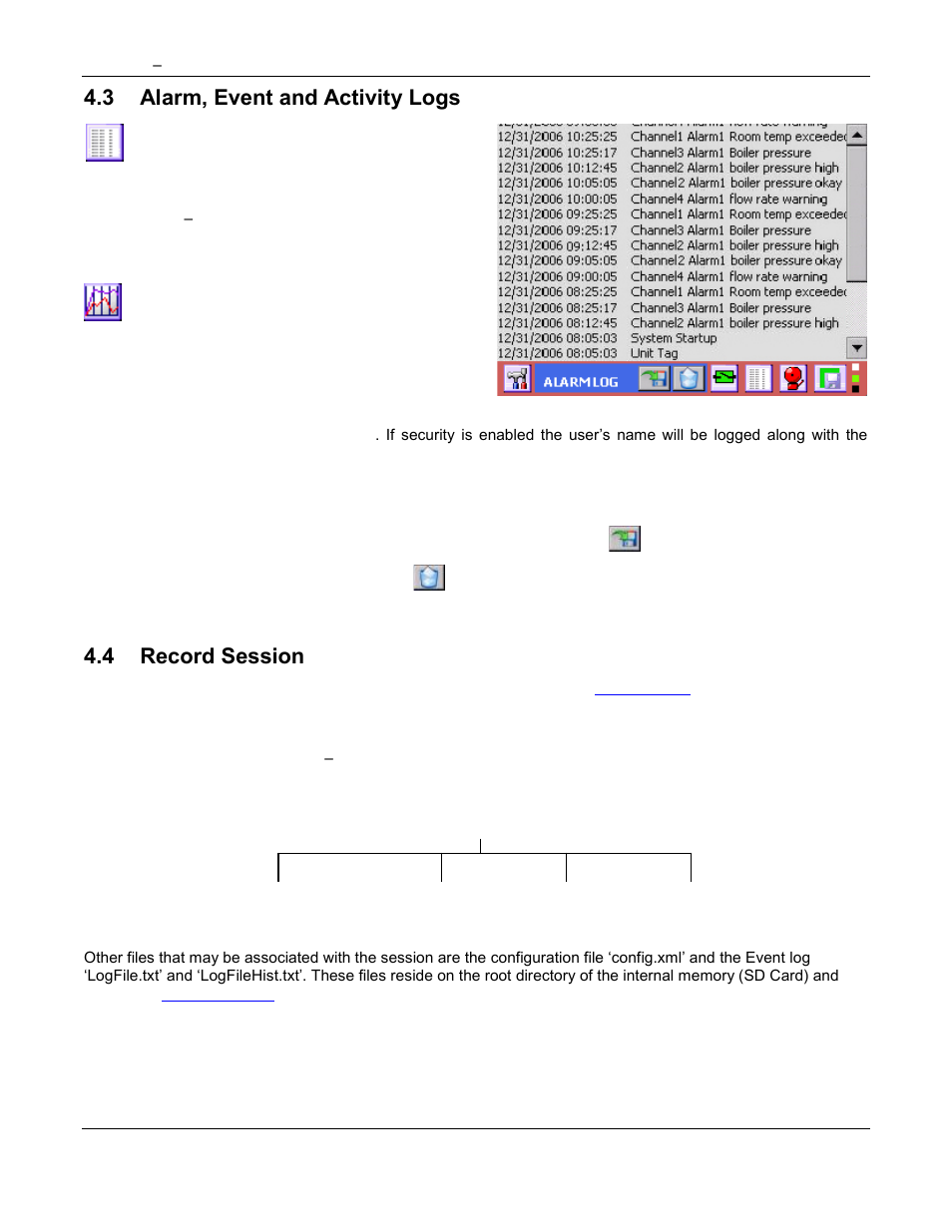 Configuration manager, Configuration, Details here | 3 alarm, event and activity logs, 4 record session | Omega Speaker Systems Rercorder RD8300 User Manual | Page 36 / 114