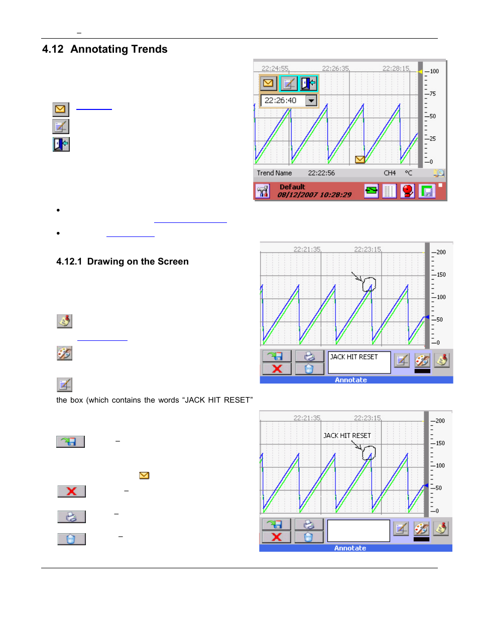 Adding a text message, Browsing historic data, Figure 4-13.1 live trend | Figure 4-13.2 browse display, 12 annotating trends | Omega Speaker Systems Rercorder RD8300 User Manual | Page 42 / 114
