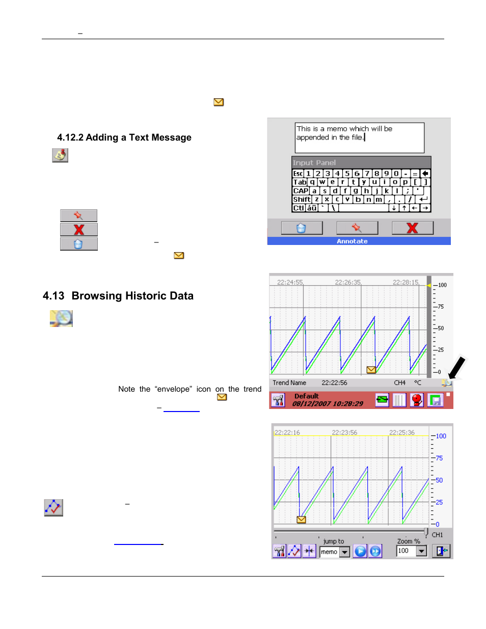 Zoom and compress data, Figure 4-13.3 trace setup, Figure 4-13.4 zoom with point markers | Figure 4-13.5 compress no point markers, 13 browsing historic data | Omega Speaker Systems Rercorder RD8300 User Manual | Page 43 / 114