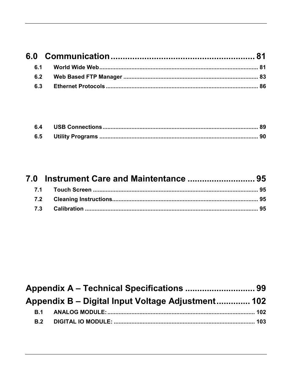 Communication, Instrument care and maintentance, Appendix a – technical specifications | Appendix b – digital input voltage adjustment | Omega Speaker Systems Rercorder RD8300 User Manual | Page 7 / 114