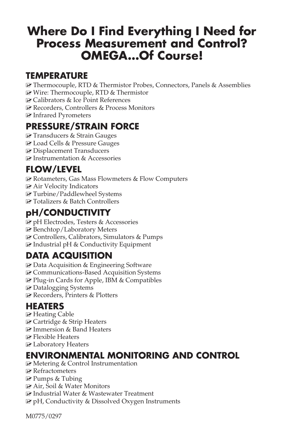 Temperature, Pressure/strain force, Flow/level | Ph/conductivity, Data acquisition, Heaters, Environmental monitoring and control | Omega Speaker Systems LV-1102 User Manual | Page 12 / 12