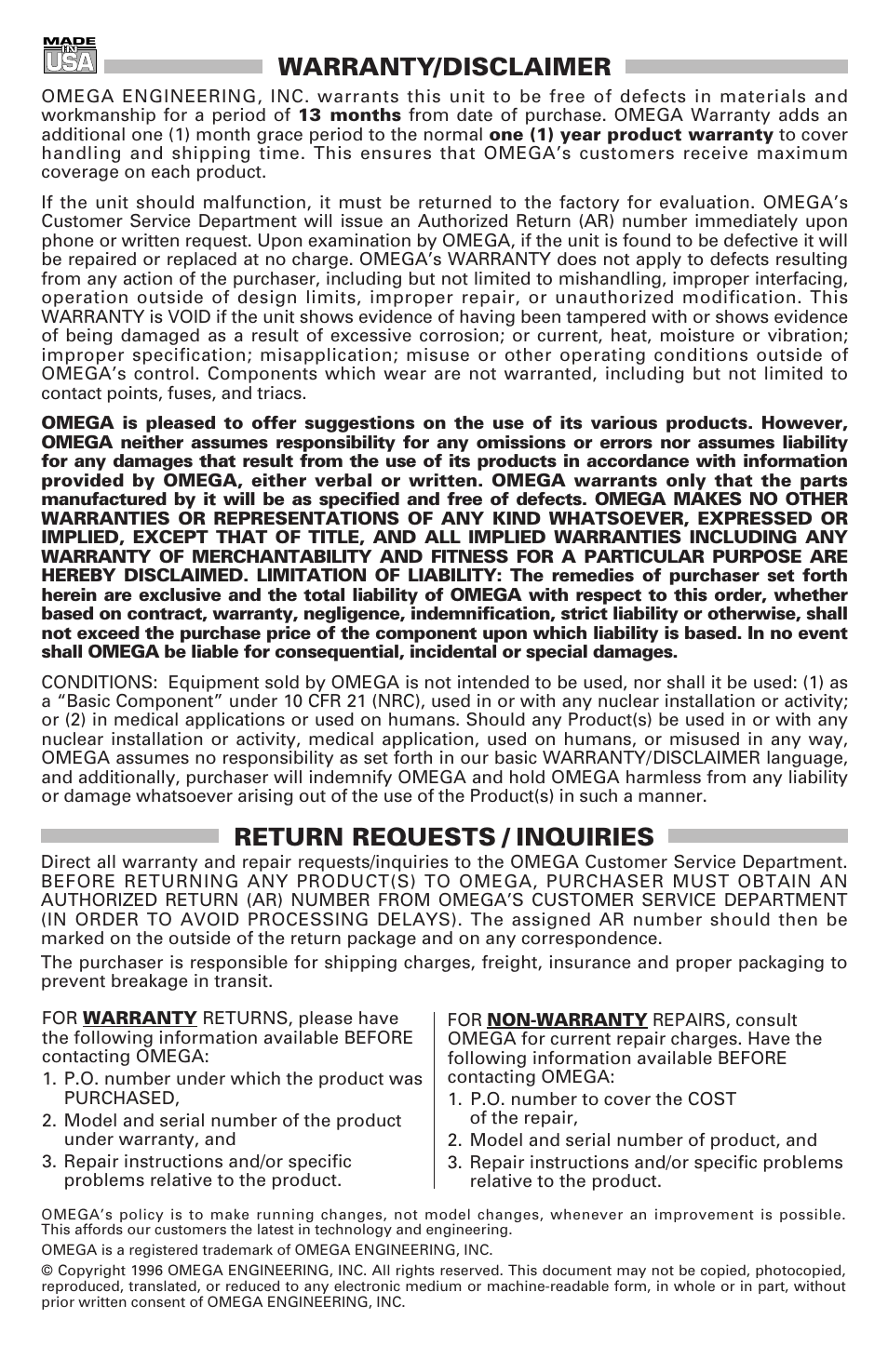 Warranty/disclaimer, Return requests / inquiries | Omega Speaker Systems LV-1102 User Manual | Page 2 / 12