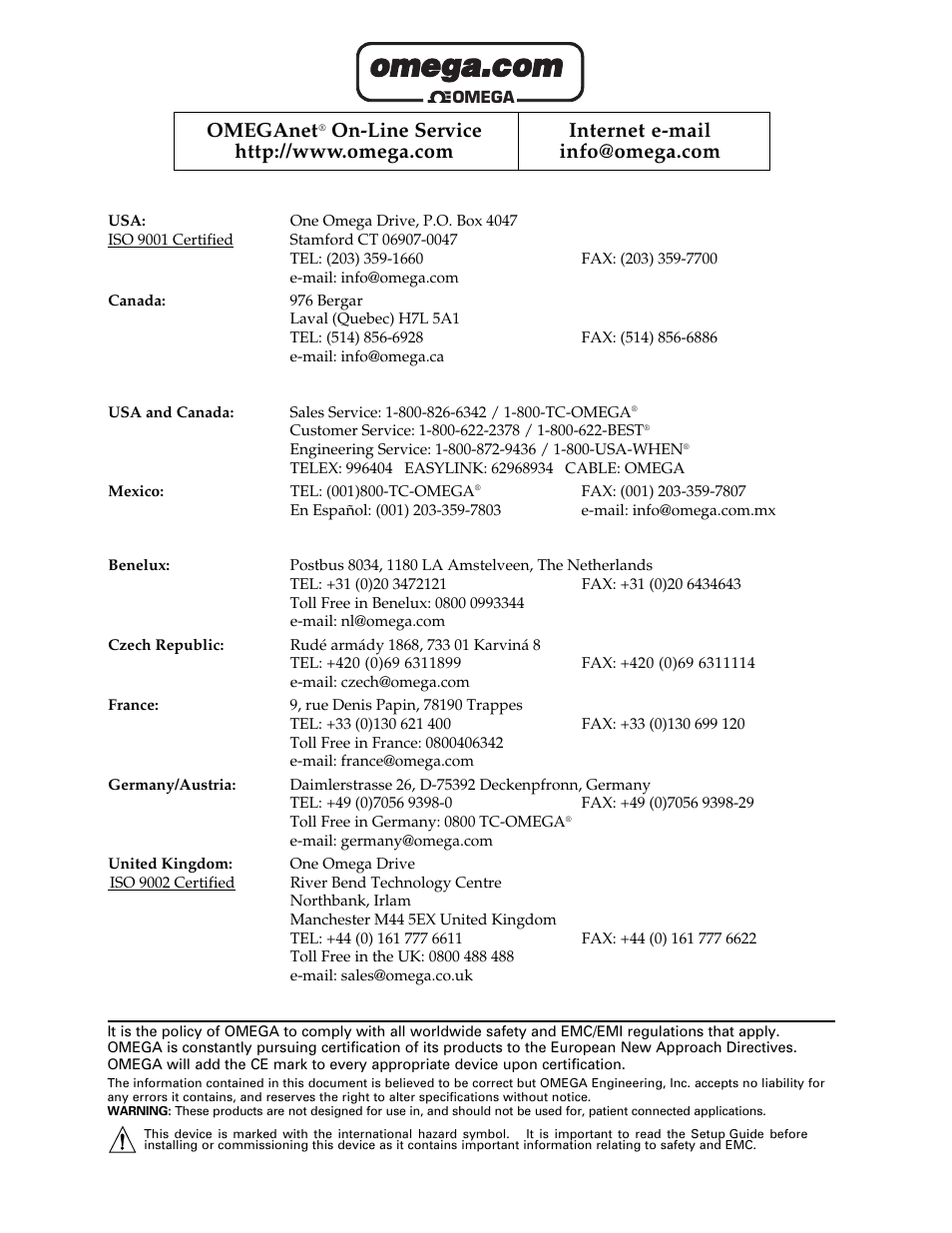 Omeganet, Servicing north america, For immediate technical or application assistance | Servicing europe | Omega Speaker Systems DRX-TC User Manual | Page 2 / 32