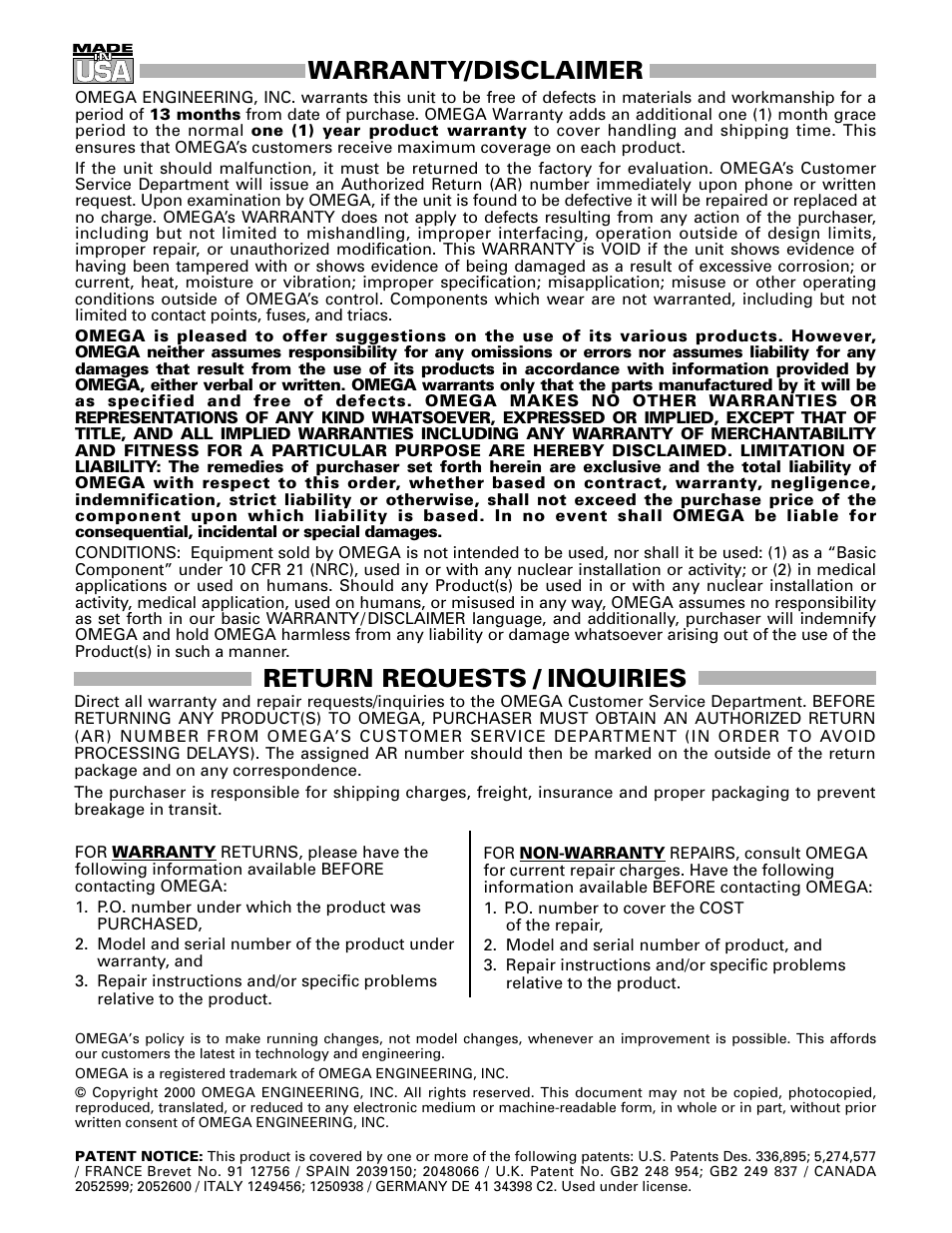 Warranty/disclaimer, Return requests / inquiries | Omega Speaker Systems DRX-TC User Manual | Page 31 / 32