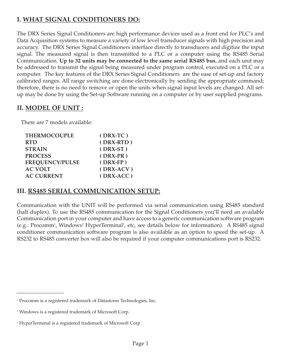 I. what signal conditioners do, Ii. model of unit, Iii. rs485 serial communication setup | Omega Speaker Systems DRX-TC User Manual | Page 5 / 32