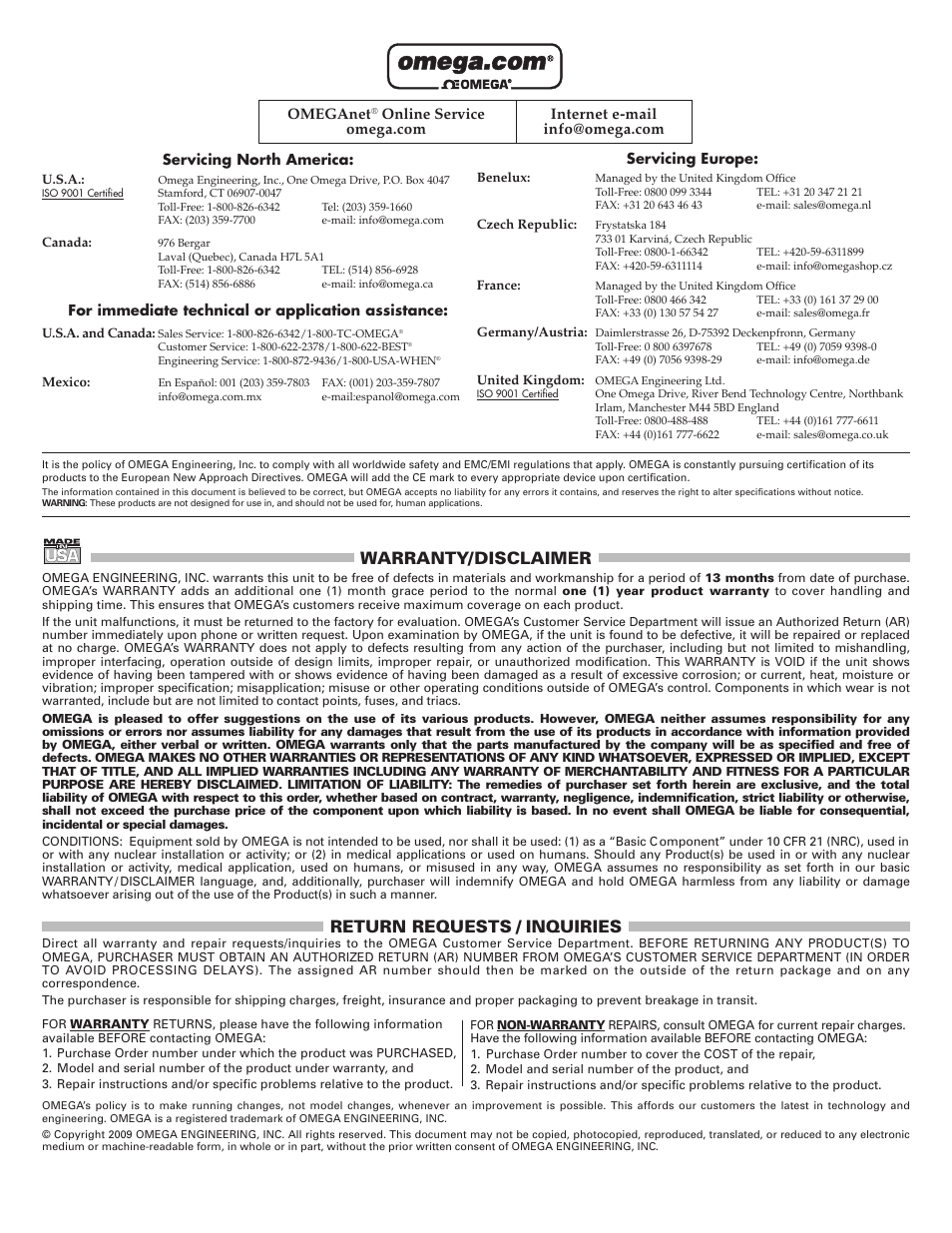 Warranty/disclaimer, Return requests / inquiries, Omeganet | Omega Speaker Systems M1760 User Manual | Page 2 / 2