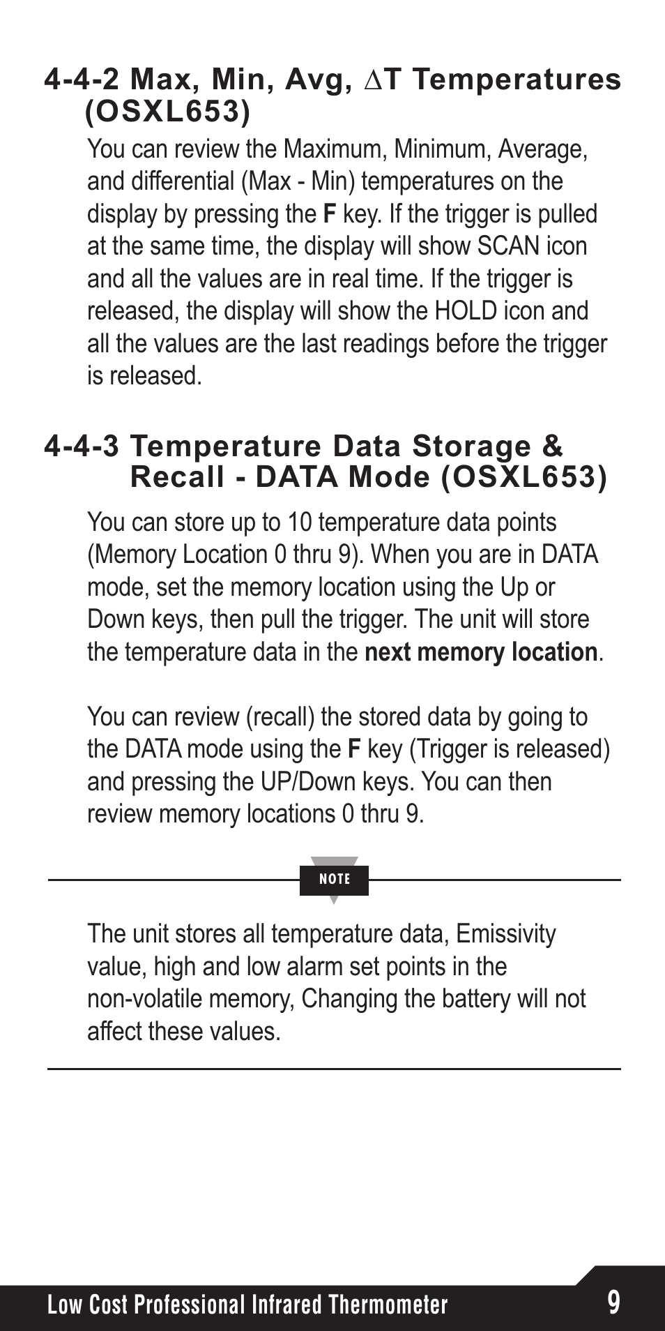 4-2 max, min, avg, ∆t temperatures, Osxl653) | Omega Speaker Systems OSXL650 User Manual | Page 13 / 20