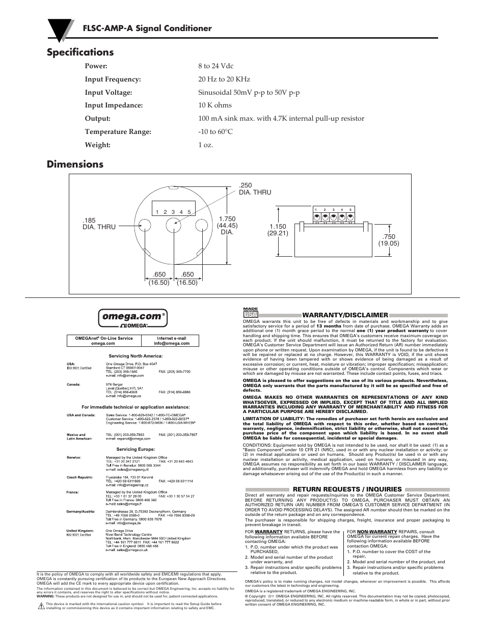 Specifications, Dimensions, Flsc-amp-a signal conditioner | Omega Speaker Systems M1945 User Manual | Page 2 / 2